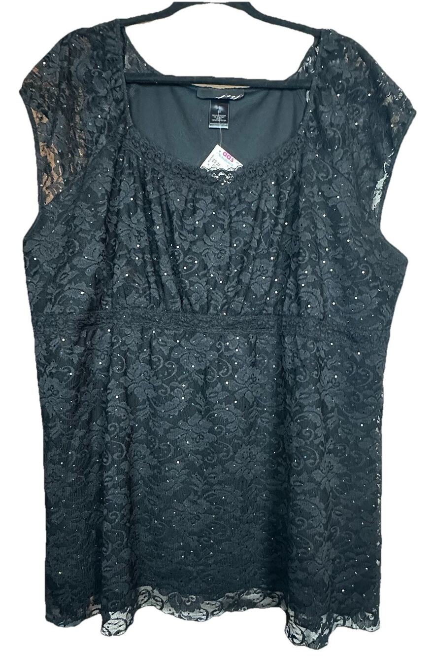 JNJ Women’s Black Lace Sequined Lined Top Short Sleeve Empire Waist Shiny 2X NEW